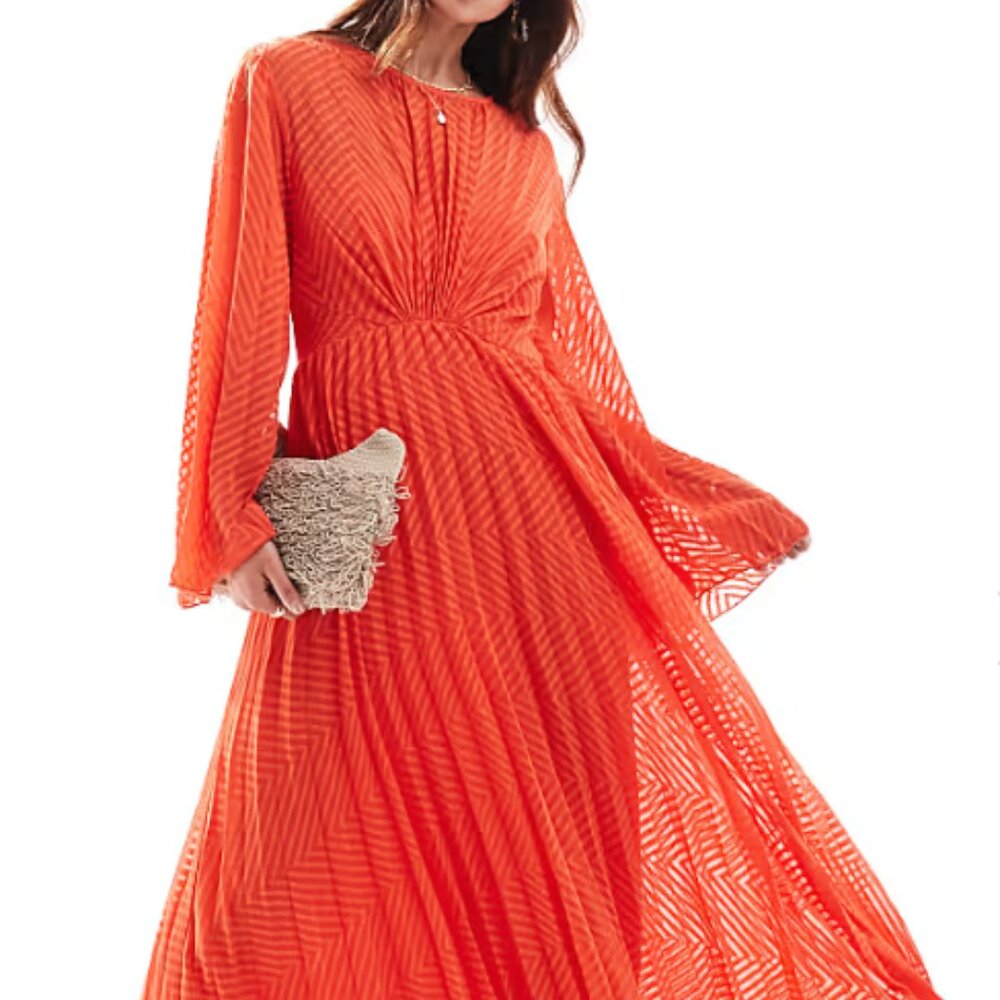 ASOS DESIGN tie back fluted sleeve pleated chevron chiffon midi dress in coral